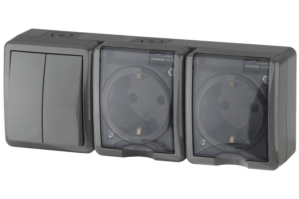 Блок Серый Розетка 2П c/з 16А + Выключатель 2кл IP54 ОУ Эра Эксперт