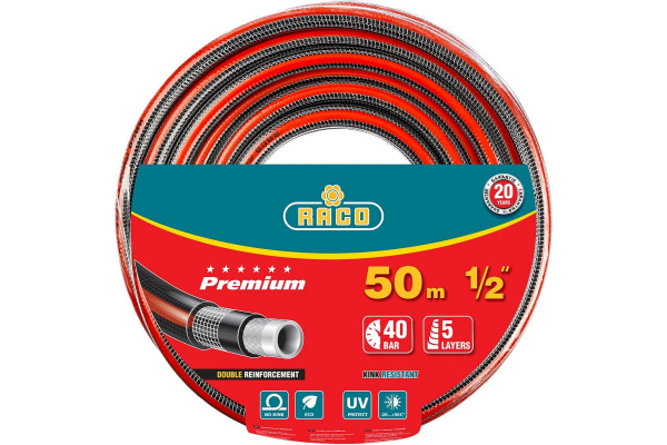 Шланг поливочный RACO PREMIUM, 1/2″, 50 м, 40 атм, пятислойный, усиленный двумя слоями армирования