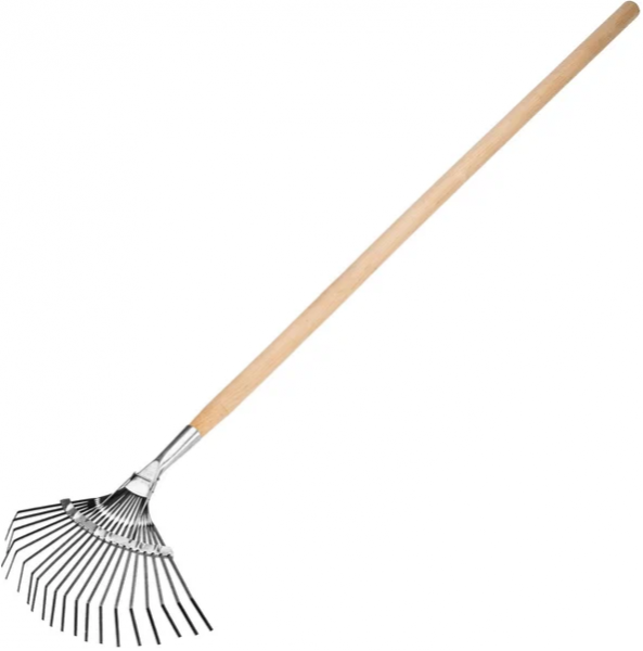 Грабли веерные стальные, 385х1500 мм, 20 плоских зубьев, деревянный черенок, Россия// Сибртех