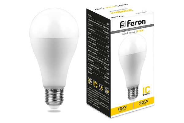 Лампа светодиодная Feron ЛОН А80 E27 30W(2580lm) 2700K 2K 148x80 матовая LB-130