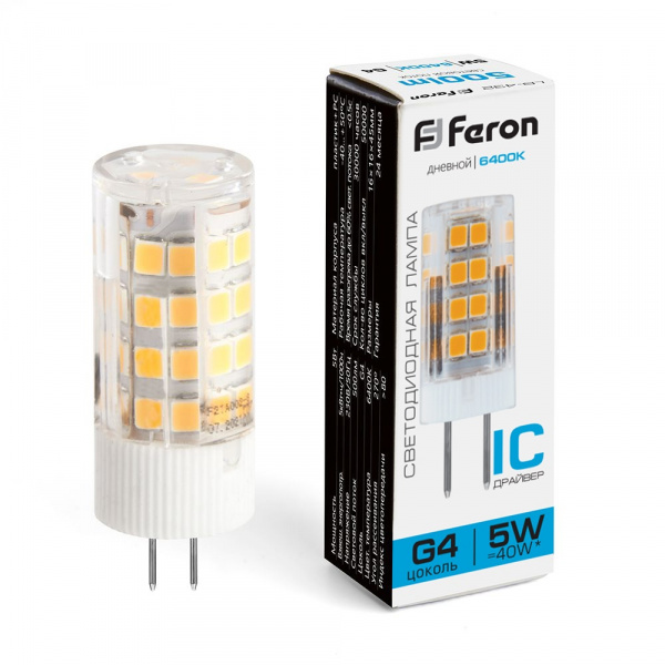 Лампа светодиодная Feron G4 230V 5W(500lm) 6400K 6K 45x16 прозрачная LB-432