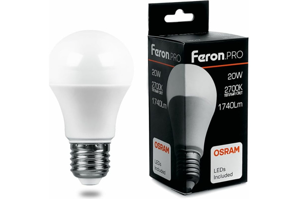 Лампа светодиодная Feron.PRO ЛОН A65 E27 20W(1740lm) 2700K 2K матовый 134x65 OSRAM LB-1020