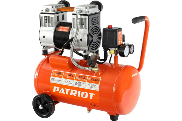 Компрессор Patriot поршневой безмасляный WO 24-220, 1250 Вт (медная обмотка Cu), 200 л/мин, 8 бар, 24 л, быстросъемный 1/4"