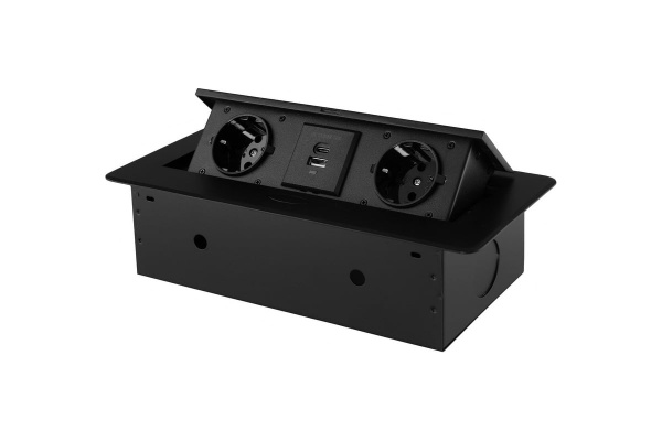 Розетка горизонтальная выдвижная 2 Euro 16A, USB type A+C с блоком 18W RocketSocket, проводка, цвет черный