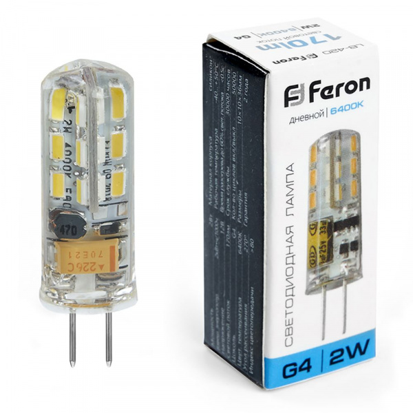 Лампа светодиодная Feron G4 12V 2W(170lm) 6400K 6K прозрачная 36x10 LB-420