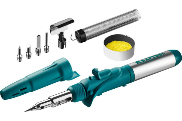 Газовый паяльник KRAFTOOL SolderGas 120K, набор 10-в-1, 30-120Вт горелка, фен, пьезоподжиг, 1300°С
