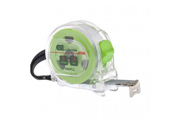 Рулетка Кварц, прозрачный корпус, амортизатор, 5м х 19мм Сибртех