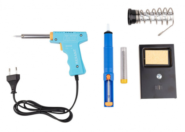 Набор для пайки (паяльник импульсный 30/70 Вт, оловоотсос, подставка,  припой) REXANT