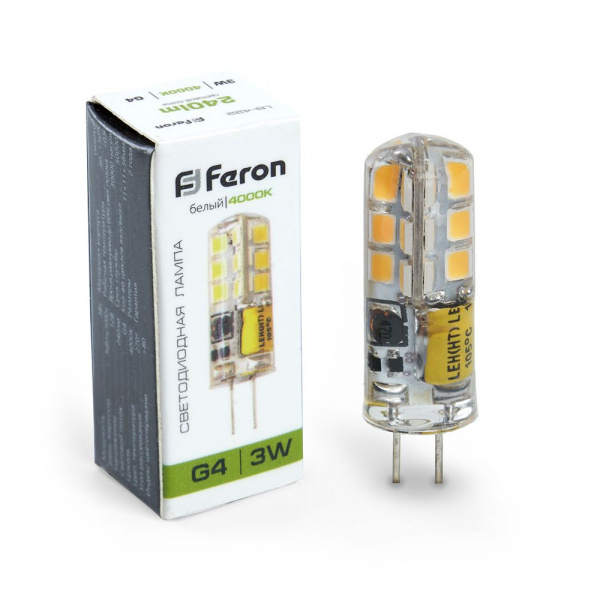 Лампа светодиодная Feron G4 12V 3W(240lm) 4000K 4K прозрачная 38x11, LB-422