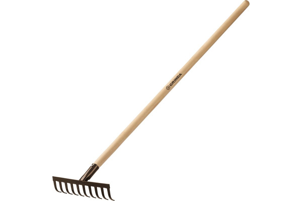 Грабли GRINDA GT-10 WOOD, 260 х 80 х 1300 мм, 10 прямых зубцов, углерод. сталь, антикор. покрытие, деревянный черенок
