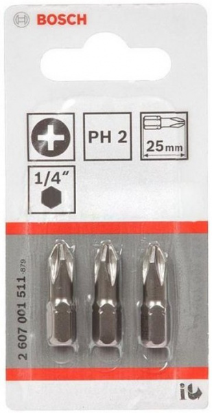 Набор 3 Биты Bosch Extra Hart 25 мм PH2 2607001511