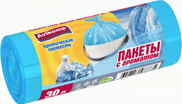 Мешки для мусора Арктическая свежесть, 30л, 9мкм, 20шт, ПНД, голубые, рулон, 88775 Avikomp