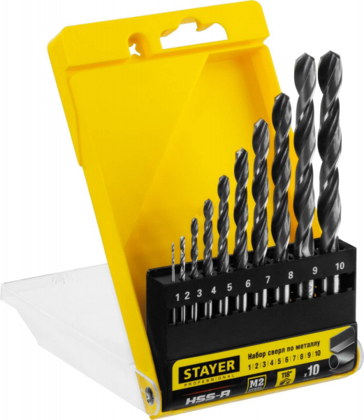 Набор сверл по металлу 10 шт (d=1-10 мм), HSS-R, сталь М2(S6-5-2), STAYER Professiona DIN 338