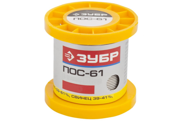 Припой ЗУБР, ПОС 61, трубка с канифолью, 50г, 0,8мм