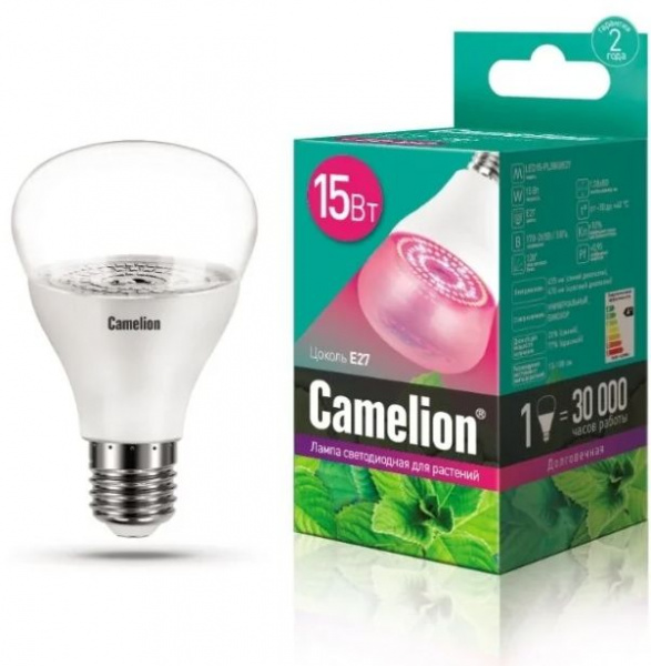 Лампа светодиодная для рассады и растений Camelion E27 15W прозрачный 138х80