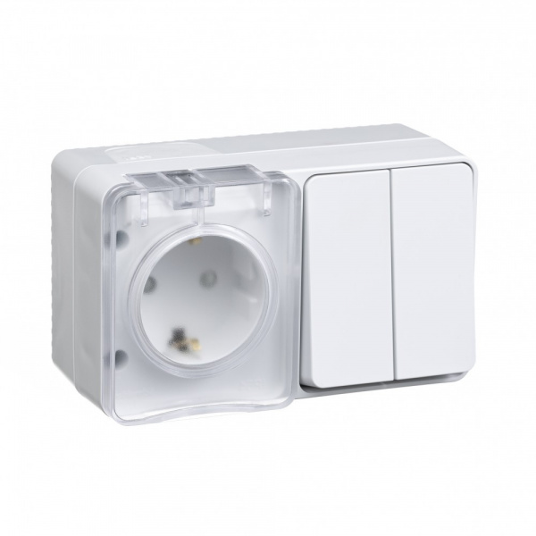 Блок: Розетка с/з со шт. + выключатель 2-кл. 10А IP54 AtlasDesign Profi54 Наруж Белый SE