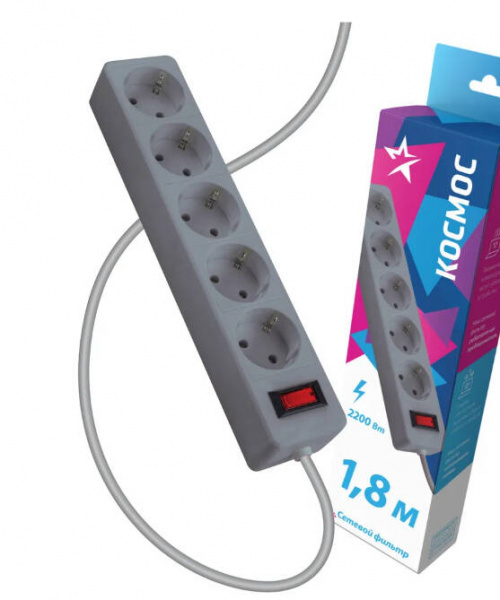 Сетевой фильтр КОСМОС 1,8м 5 гнезд, пвс 3х0,75мм2, черный 2 USB