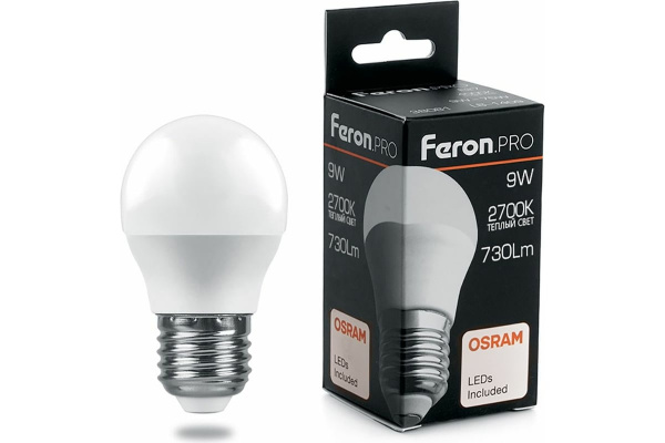 Лампа светодиодная Feron.PRO шар G45 E27 9W(730lm) 2700K 2K матовый  90x45 OSRAM LB-1409
