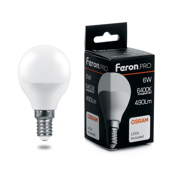 Лампа светодиодная Feron.PRO шар G45 E14 6W(490lm) 6400K 6K матовый 81x48 OSRAM LB-1406