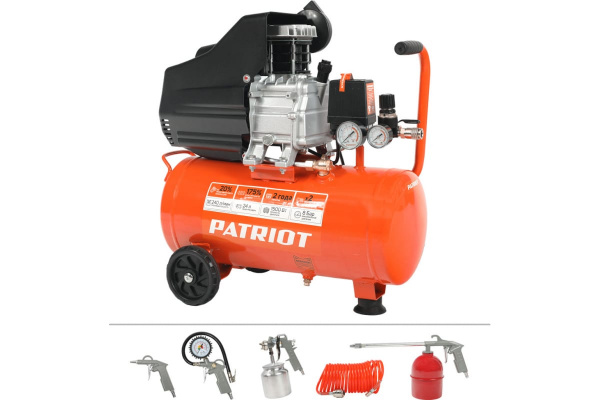 Компрессор Patriot поршневой масляный EURO 24-240K, 240 л/мин, 8 бар, 1500 Вт, 24 л, быстросъемный 1/4" + "елочка", набор пневмоинструмента KIT 5В