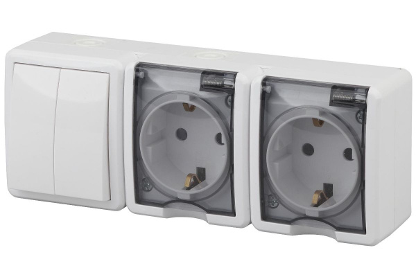 Блок Белый Розетка 2П c/з 16А + Выключатель 2кл IP54 ОУ Эра Эксперт