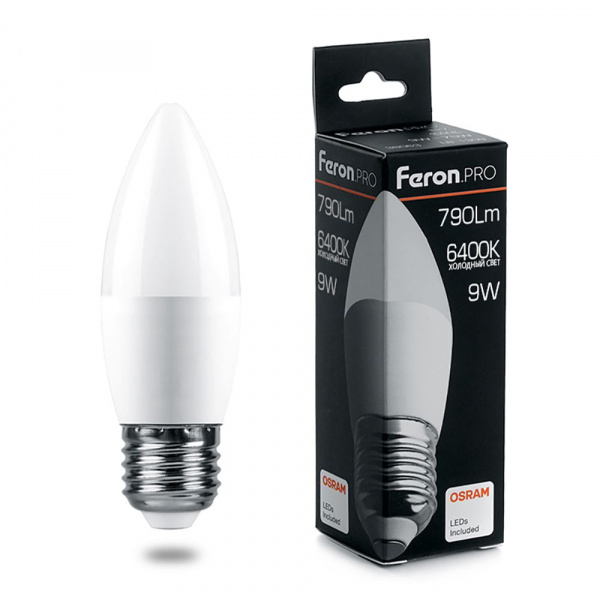 Лампа светодиодная Feron.PRO свеча C37 E27 9W(790lm) 6400K 6K матовый 114x37 OSRAM LB-1309