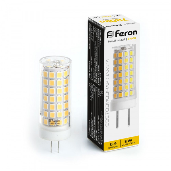 Лампа светодиодная Feron G4 230V 9W(720lm) 2700K 2K JCD 63x18 прозрачная LB-434